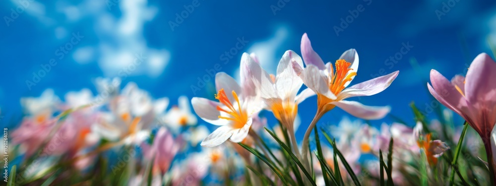 Fototapeta premium Vibrant Flowers Blooming Under a Bright Blue Sky with Fluffy Clouds and Sunlight Shining