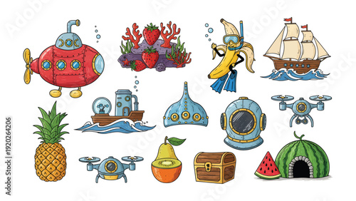 Underwater Adventure: An imaginative collection of whimsical aquatic illustrations, featuring a vibrant submarine, sailboat, fruits, and sea life, perfect for adding a touch of playful creativity.