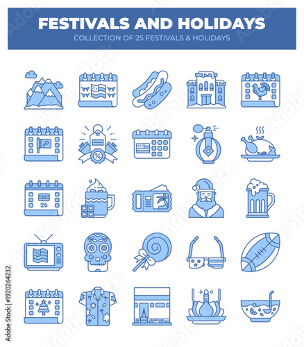 Collection of 25 Unique Festivals and Holidays. Icons and Symbols