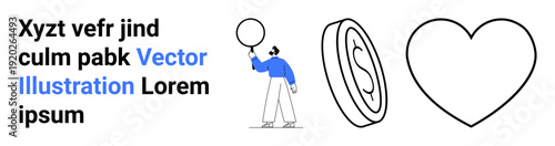 Person holding a balloon, standing near a dollar coin and heart symbol. Ideal for finance, love, motivation, creativity, personal development, abstract concepts, simple landing page