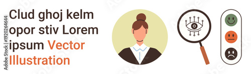 Evaluation methods, feedback analysis, business decisions, customer satisfaction, review systems, HR processes. Woman with magnifying glass and feedback scale. Evaluation methods and feedback