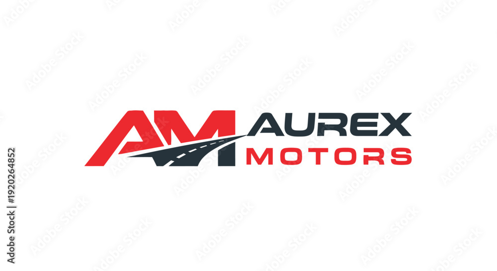 Fototapeta premium Aurex Motors Letter AM Logo Design with Stylized Road and Speed Lines on Isolated White Background