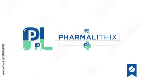 Pharmalithix pharmaceutical logo featuring blue and green pills forming a letter P, with a medical cross, representing medicine, health, and pharmacy on an isolated white background.