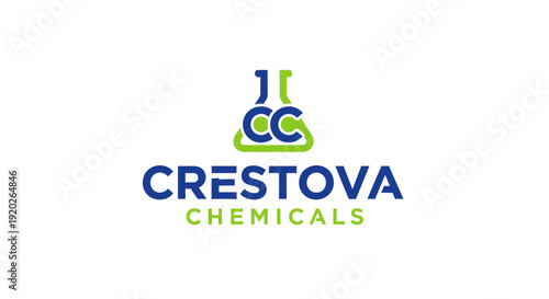 Crestova Chemicals logo with blue and green CC initials resembling laboratory beakers and test tubes, symbolizing chemistry, science, and research on an isolated white background.