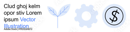 Sustainability, economic growth, innovation, technology, financial systems, eco-efficiency. A minimalistic leaf, gear and dollar symbol in blue tones. Sustainability and economic growth concept