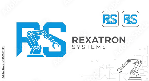 Rexatron Systems logo featuring blue RS initials with a robotic arm integrated into the R, representing automation, engineering, and advanced technology on an isolated white background.