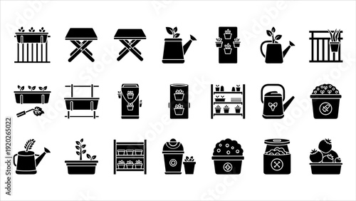 Collection of black gardening icons featuring various tools and equipment displayed in a grid layout