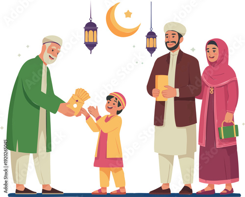 Happy muslim grandfather handing eidi gift to little grandson during eid al adha traditional celebration day