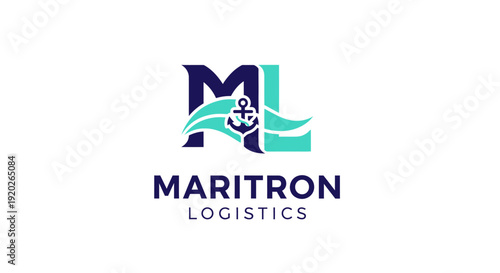 Maritron Logistics letter M global shipping anchor wave logo design, isolated white background.