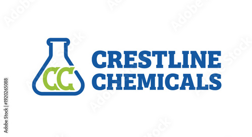 Crestline Chemicals science laboratory flask beaker logo design, isolated white background.