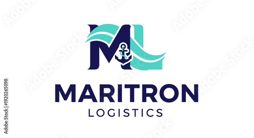 Maritron Logistics letter M ocean shipping anchor logo design, isolated white background.