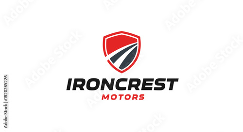 Bold Shield Logo Design for Ironcrest Motors with Red and Black Accents on an Isolated White Background