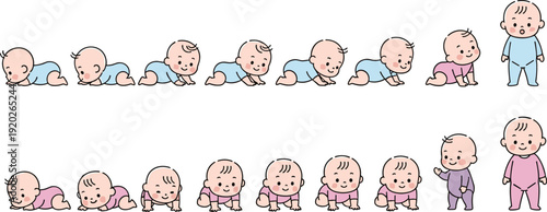 Cute baby development vector set showing stages of growth from crawling to standing isolated on white background for parenting and childcare themes.