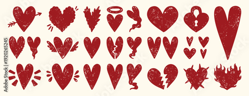 Grunge textured hearts in bold aggressive romantic style, hand drawn distressed red or pink love symbols