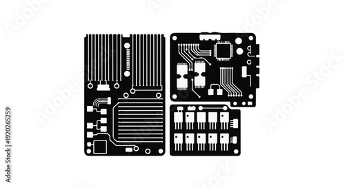 Close-up of electronic circuit boards with various components and connectors on white background, technology and hardware concept