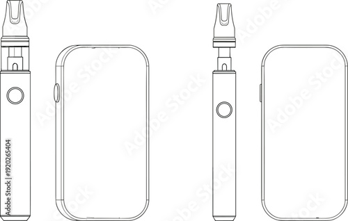 Electronic cigarette and vape pod system line art vector illustration set featuring portable vaporizer devices and battery packs for modern smoking alternative.
