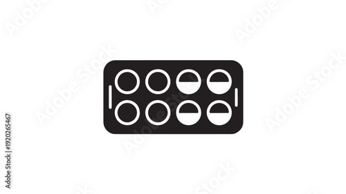 Blister pack with pills in simple flat design in black and white color on isolated white background for pharmaceutical packaging