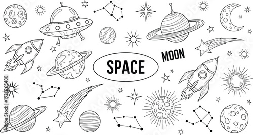Hand drawn space vector icon set featuring rockets ufo planets moon stars constellations and celestial bodies in black and white line art.