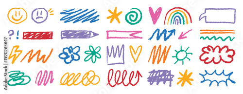 Crayon doodle colorful charcoal hand drawn set. Pencil drawings squiggle shapes and forms. Freehand collage elements.