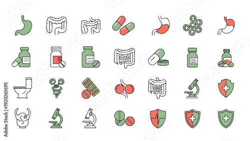 Medical Icons Set with Green and Red Elements on White Background