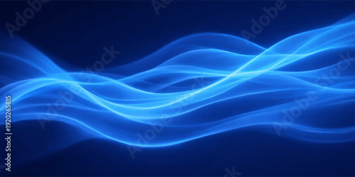 An abstract blue smoke design features glowing fractal waves and flowing liquid curves that create a motion pattern of light and energy against a dark black backdrop texture