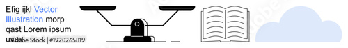 Justice, education, cloud storage, legal research, balance, data technology. Set of vector icons a scale, an open book and a cloud. Justice and education in simplified form