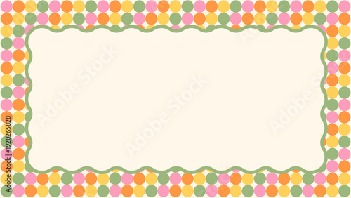 大きめドットの背景と波打つフレーム　カラフル　レトロカラー