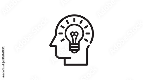 Human Head with Lightbulb in Simple Line Art Style with Black Color on White Background for Creative Concept Illustration