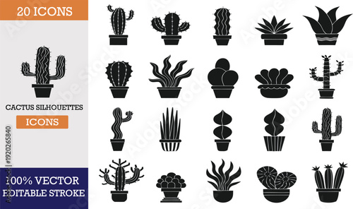 Cactus and succulent plant silhouettes icons set
