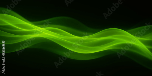 An abstract green smoke design featuring dynamic waves of light and blue motion lines creates a flowing vector texture for a high-tech wallpaper backdrop