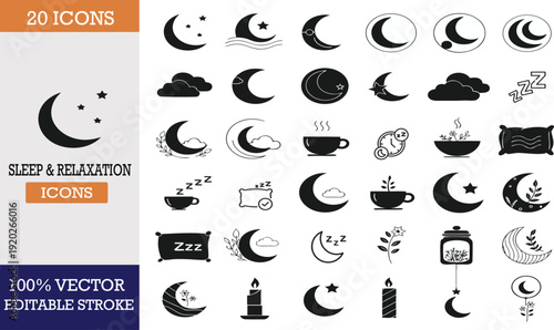 Sleep and Relaxation Vector Icons Set with Moon, Stars, Clouds, and Zzz Symbols for Insomnia, Night, and Calmness Themes