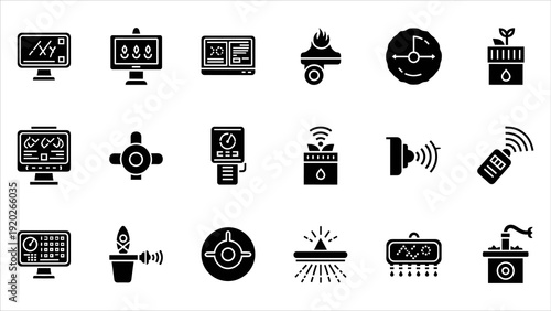 Collection of various black icons representing different technology and electronic devices on a clean white background viewed from directly above
