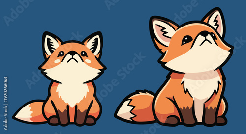 Two cute cartoon foxes sitting and looking up, one smaller and one larger, depicted in a charming vector art style with orange and white fur details, isolated on a solid blue background.