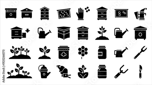 Collection of black gardening icons including tools, plants, and equipment on a white background, viewed from a straightforward angle.