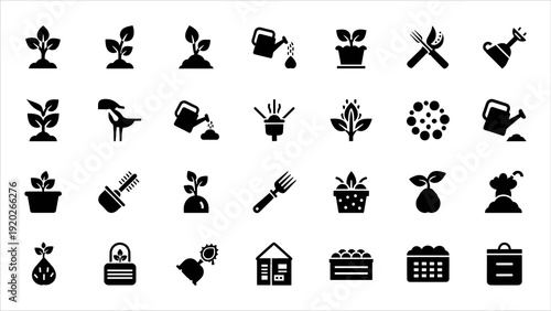 Collection of black gardening icons on white background displayed in a grid layout