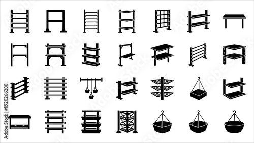 Collection of various black ladders and scaffolding silhouettes against a plain background in vector illustration