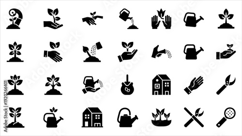 Collection of black gardening icons for agriculture and horticulture activities on a clean white background