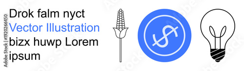 Innovation, finance, agriculture, sustainability, economy, business growth. Corn plant, circle with dollar sign light bulb. Innovation and finance with clean minimal design