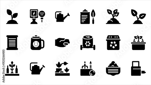 Collection of black gardening icons on white background representing various tools and activities
