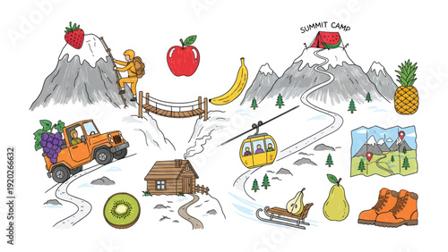 Mountain Adventure Map: A whimsical illustrated map showcasing a journey through diverse terrains, featuring various fruits and elements of outdoor exploration.