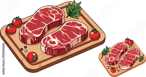 Two raw red beef steaks with visible marbling and bone, accompanied by fresh green rosemary sprigs and red cherry tomatoes, presented on a light brown wooden cutting board. Isolated on a
