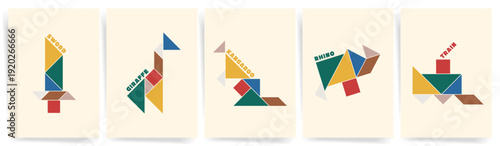 Decorative Tangram Art Posters For Boys Room. Minimal tangram puzzle posters set with giraffe kangaroo rhino sword and train, geometric kids learning wall art, modern nursery playroom decor vector. 

