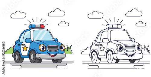 Cute cartoon police car character coloring page illustration. Vector black and white outline and colorful version for kids preschool activities.