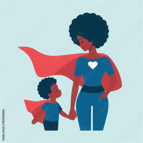 African American Super Mom and Son Vector Illustration. Mother and Child Superhero Concept.