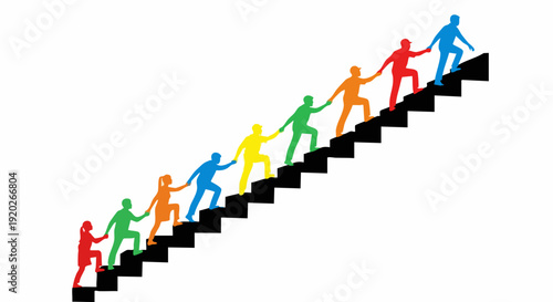 Diverse team climbing stairs vector illustration. Ten colorful human figures ascend a black staircase, holding hands in a symbol of collaboration and progress. Isolated on a white background.