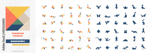 Tangram Puzzle Worksheet, Printable Kids Learning Pack with 36 Puzzles and Solutions, Colorful Geometric Shapes Vector Template for Classroom and Home Activities