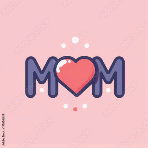 Cute Animated Mom Wordmark with Red Pulsing Heart. Love, Mother's Day, Family Celebration Concept Vector Graphic