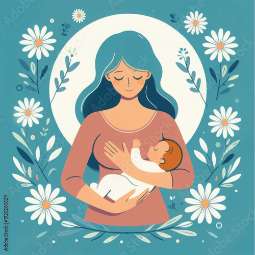 Vintage Mother and Newborn Baby Illustration. Nurturing Love, Maternity, and Natural Floral Wreath Frame.