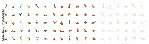 Tangram Worksheets, Tangram Set with Puzzles and Solutions, Colorful Silhouettes and Outline Templates, Geometric Shape Brain Teaser Collection for Kids Education and Logic Games