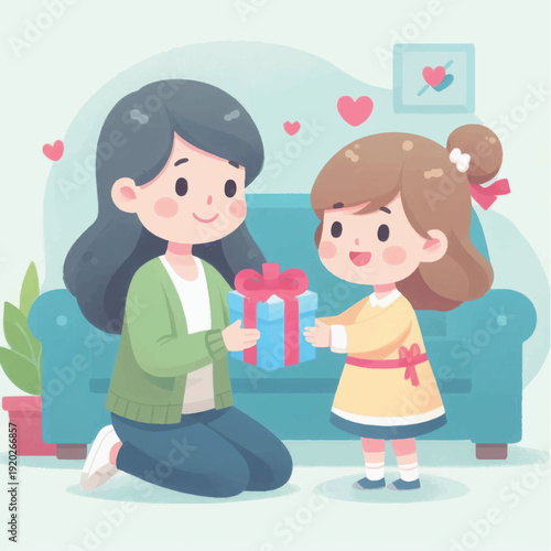 Cute illustration of mother kneeling and giving a present to her daughter. Family love, holiday celebration, and sharing gifts.
